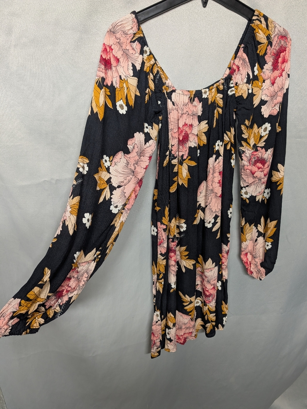 Black Floral Long Sleeve Babydoll Dress - Pink & Mustard Flowers - Picture 3 of 10